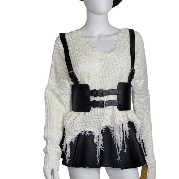 Leather Vintage Style Suspender Belt, Distressed Sweater, and Peplum Skirt - Picture 3 of 8